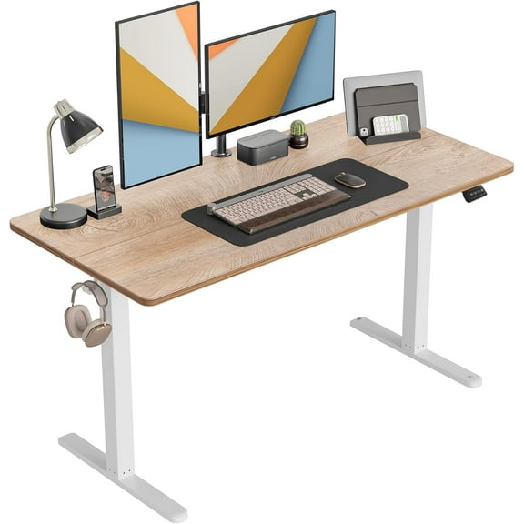 CubiCubi Height Adjustable Electric Standing Desk, 55 x 24 Inches Stand Up Table, Sit Stand Home Office Desk with Splice Board, Maple