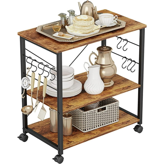 CubiCubi Kitchen Cart with 3 Tier Storage, Baker Rack with Wheels and 10 Hooks, Rolling Microwave Stand and Cabinet, Rustic Brown