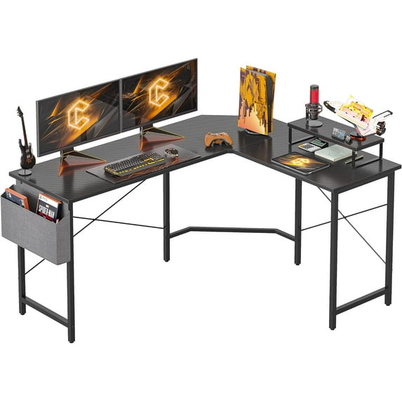CubiCubi L Shaped Gaming Desk, 59.1 inch Computer Corner Desk with with Carbon Fiber Surface and Monitor Shelf for Home Office Study Writing Workstation, Black