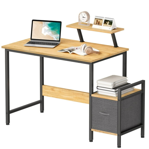 CubiCubi Modern Computer Desk with Storage Rack and Moveable Shelf, Sturdy Office Desk for Home Office, Simple Style Writing Desk , 32",Natural