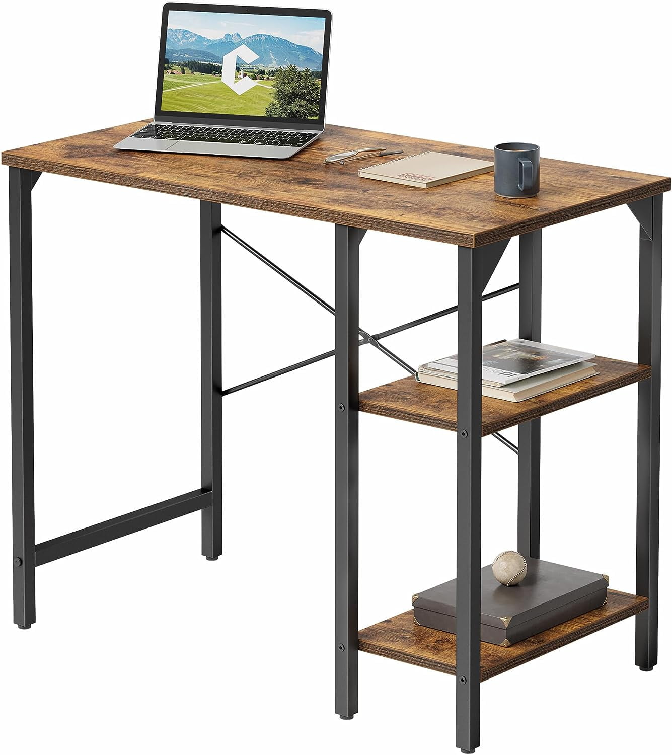 Computer Desk With Shelves, Space Saving Home Office Desk Wit 3 Tier Ladder Shaped Storage Bookshelf - View #2