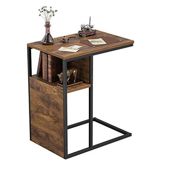 CubiCubi Sofa Side End Table for Living Room, C Shaped Reversible Table with Wooden Storage Shelf, Nightstand for Bedroom, Deep Brown