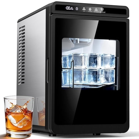 Friwest Clear Square Ice Maker, 1.6" SlowMelting Ice Cubes for Whiskey Cocktail, OneTouch AutoClean, Stainless Steel Countertop Ice Machine for Home Bar
