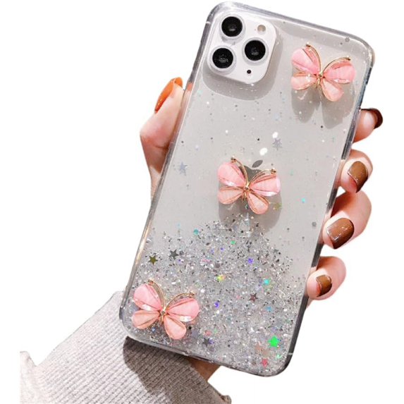 Cubic Three Butterflies Glitter Star Phone case, Fresh and Cute, Drop-Proof, Women's Favorite, for iPhone 15 14 13 12 11 Ultra Plus X XS XR 7 8 6 SE 2020 Phone Case (Transparent,iPhone 11 Pro Max)