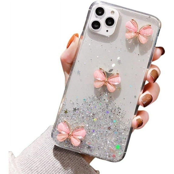Cubic Three Butterflies Glitter Star Phone case, Fresh and Cute, Drop-Proof, Women's Favorite, for iPhone 15 14 13 12 11 Ultra Plus X XS XR 7 8 6 SE 2020 Phone Case (Transparent,iPhone 7P/8P)