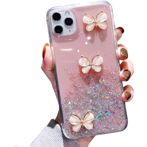 Cubic Three Butterflies Glitter Star Phone case, Fresh and Cute, Drop-Proof, Women's Favorite, for iPhone 15 14 13 12 11 Ultra Plus X XS XR 7 8 6 SE 2020 Phone Case (Pink,iPhone 12 Pro)