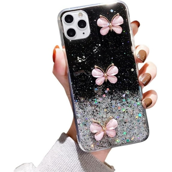 Cubic Three Butterflies Glitter Star Phone case, Fresh and Cute, Drop-Proof, Women's Favorite, for iPhone 15 14 13 12 11 Ultra Plus X XS XR 7 8 6 SE 2020 Phone Case (Black,iPhone 13 Pro)