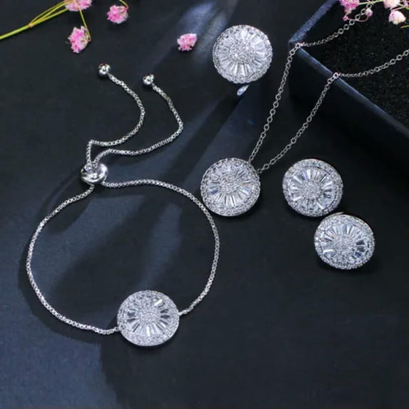 Cubic Zircon Adjustable Bracelet Earrings Pendent Ring Silver Plated Jewelry Set