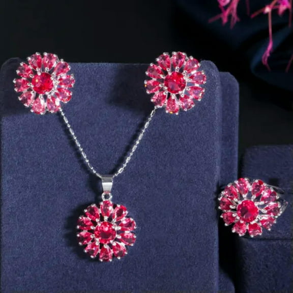 Cubic Zircon Blue Big Flower Pendent Earring Necklace Ring Set for Party Costume