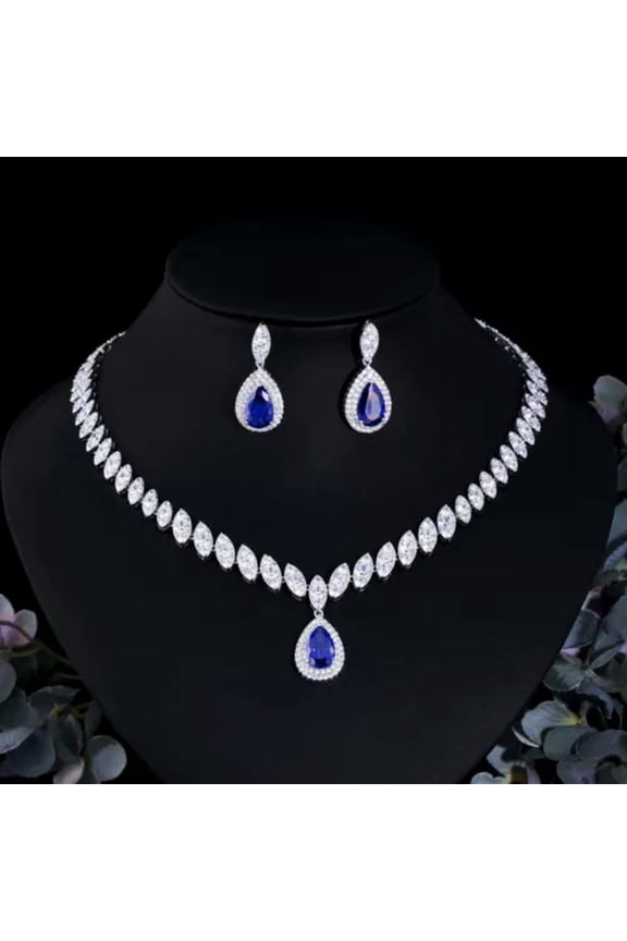 Cubic Zircon Blue Crystal Water Drop Dangle Necklace Earrings Bridal Jewelry Set