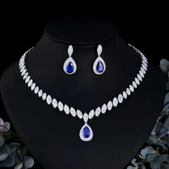 Cubic Zircon Blue Crystal Water Drop Dangle Necklace Earrings Bridal Jewelry Set