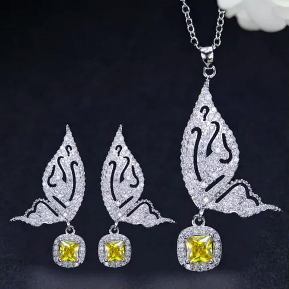 Cubic Zircon Butterfly Earrings Necklace Royal Blue Pure 925 Silver Jewelry Set