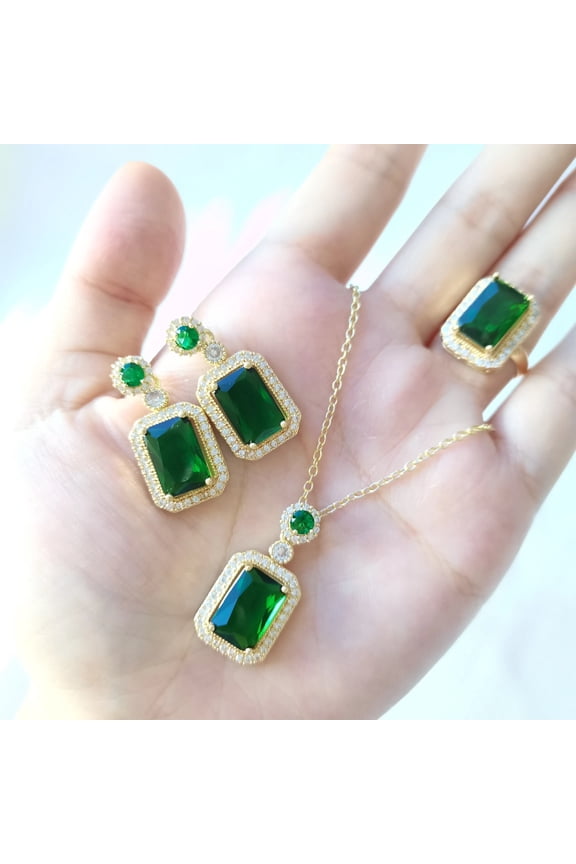 Cubic Zircon Emerald Green Crystal Elegant Gold Chain Pendant Women Fashion Jewelry Set