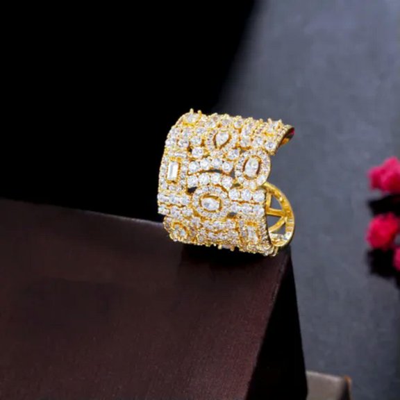 Cubic Zircon Yellow Gold Plated Open Cuff Adjustable Ring CZ Jewelry Accessories