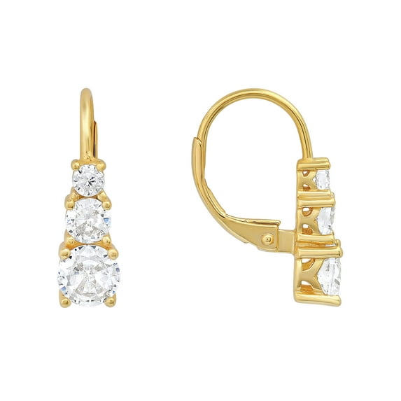 Cubic Zirconia 3-Stone Leverback Earrings - Radiant Sparkle and Beauty - Graduated CZ Stones - 14K Gold-Plated Brass - Easy to Wear