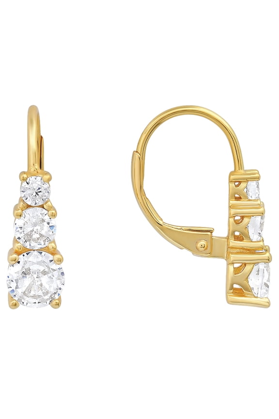 Cubic Zirconia 3-Stone Leverback Earrings - Radiant Sparkle and Beauty - Graduated CZ Stones - 14K Gold-Plated Brass - Easy to Wear