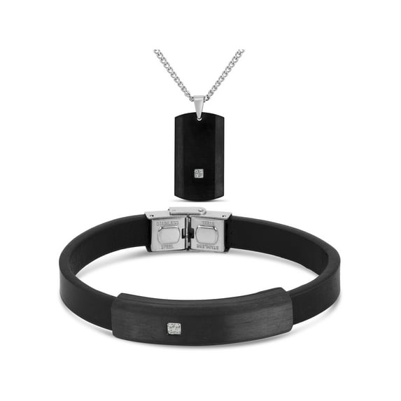 Cubic Zirconia 316L Stainless Steel Carbon Fiber Dogtag Pendant, 24" and Carbon Fiber Leather Bracelet 8" 2 Piece Set