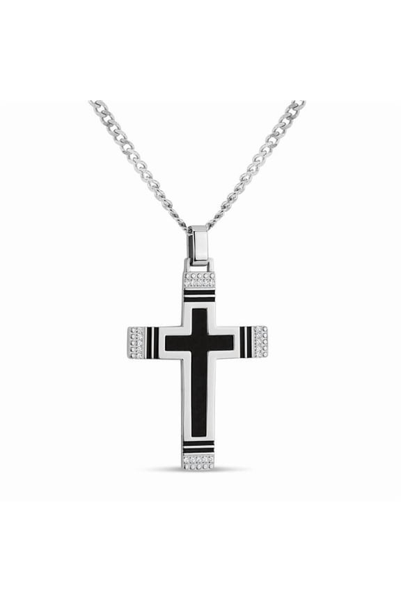 Cubic Zirconia 316L Stainless Steel Carbon Fiber Reversible Wood Cross Pendant, 24"