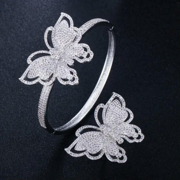 Cubic Zirconia 585 Rose Gold Big Butterfly Open Bracelet Bangle Ring Jewelry Set
