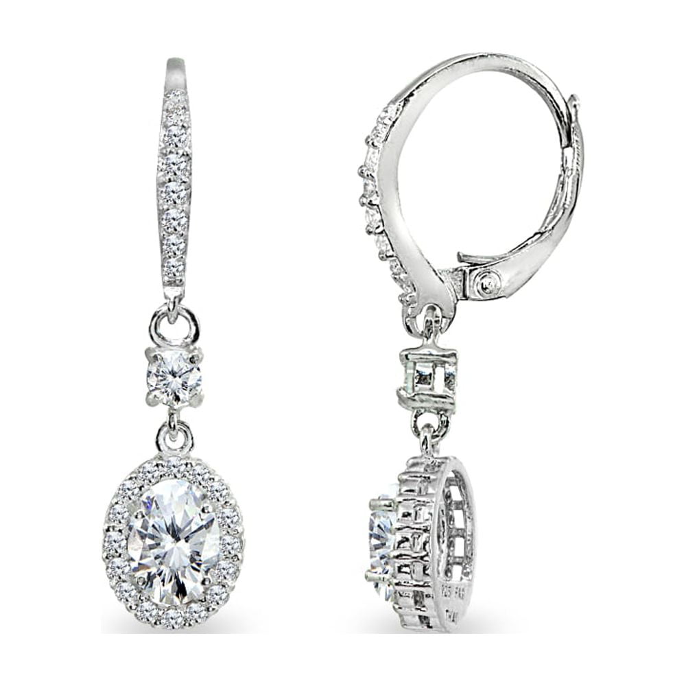 Cubic Zirconia 7x5mm Oval Halo Leverback Dangle Earrings in 925 Sterling Silver