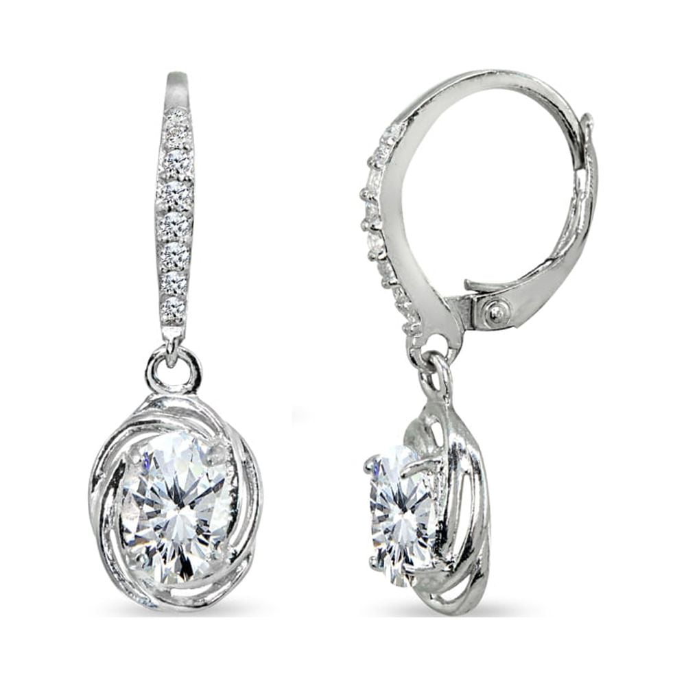 Cubic Zirconia 7x5mm Oval Love Knot Sterling Silver Leverback Dangle Earrings