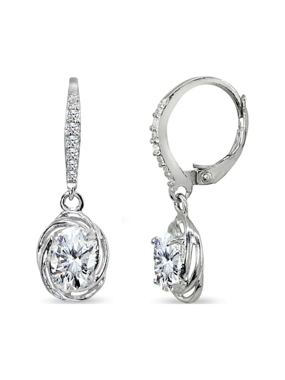 Cubic Zirconia 7x5mm Oval Love Knot Sterling Silver Leverback Dangle Earrings