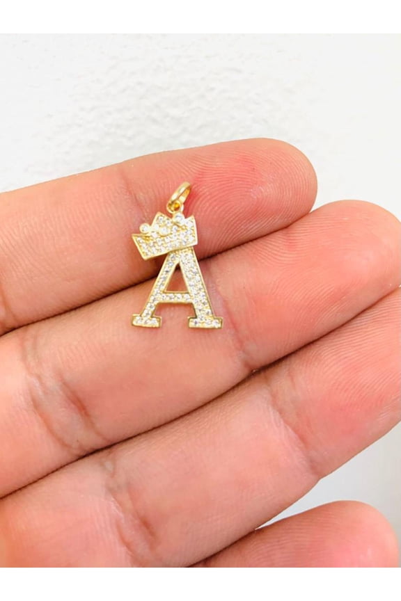 Cubic Zirconia "A" Initial with Tilted Crown Necklace Charm in 14K Gold / Charm Initials Letters Pendants
