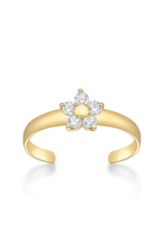 Cubic Zirconia Adjustable Flower Toe Ring in 10k Yellow Gold 6 MM Wide