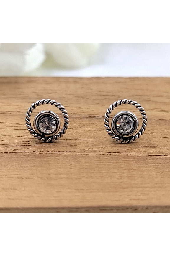 Cubic Zirconia Art Round Stud Earrings Silver Oxidised Stud Earrings Vintage Jewel Art Handmade Gift Solid 925 Gift for Mother Sister