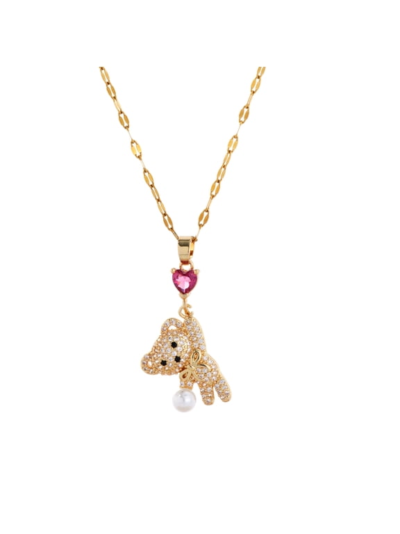 Cubic Zirconia Bear Necklace Red Heart Crystal Teddy Bear Necklace Cute Animal Bear Pendant Necklace Gold Thin Chain Necklace Jewelry for Women