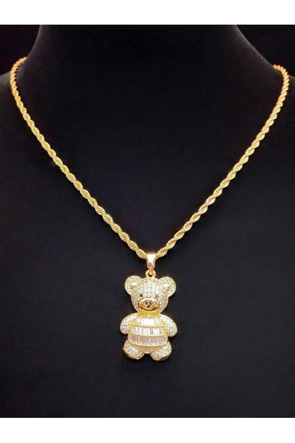 Cubic Zirconia Bear Pendant Necklace In Yellow Gold Tone With Twisted Chain