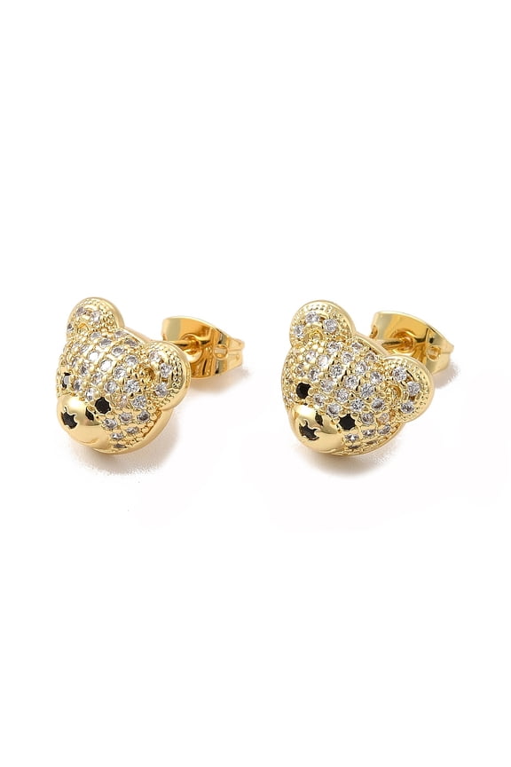 Cubic Zirconia Bear Stud Earrings Real 18K golden Plated Brass Jewelry for Women Cadmium Free & Lead Free Clear 10x12mm Pin: 0.7mm