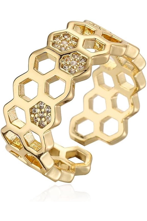 Cubic Zirconia Bee Honeycomb Ring Open Engagement Statement Wedding Stacking Finger Rings Adjustable Fashion Diamond Crystal Unique Thumb Ring Cute Jewelry for Women Men