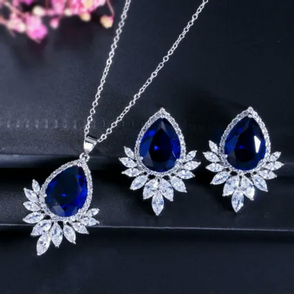 Cubic Zirconia Big Teardrop Necklace Earring Set Women Silver Plated Red Jewelry
