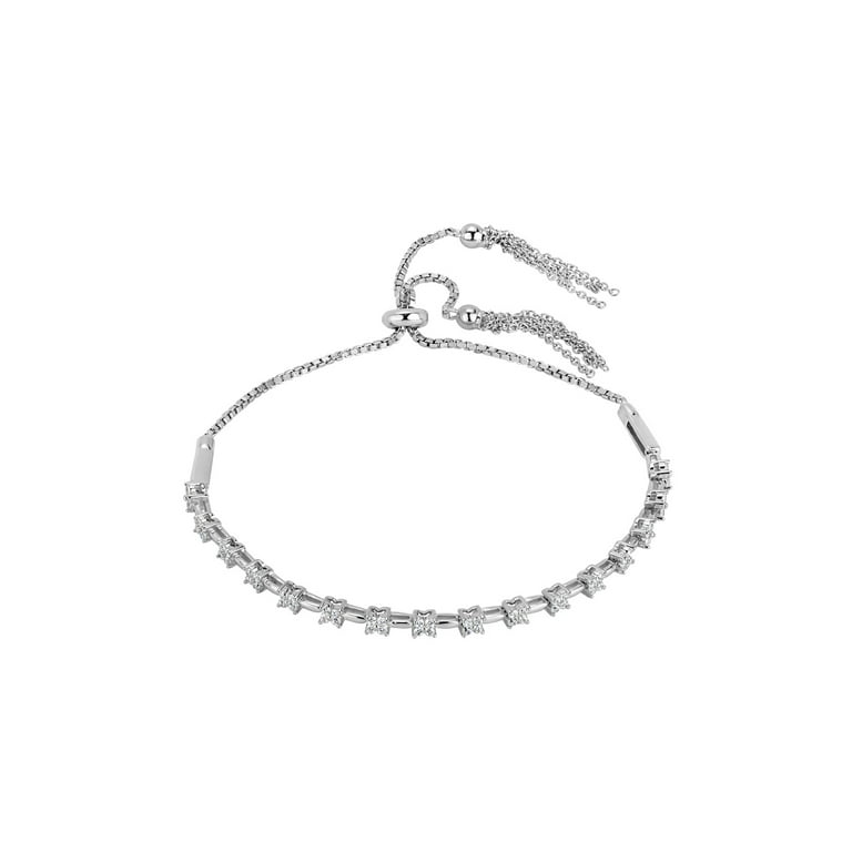 Cubic Zirconia Bolo Bar Bracelet 10 Inches in Sterling Silver