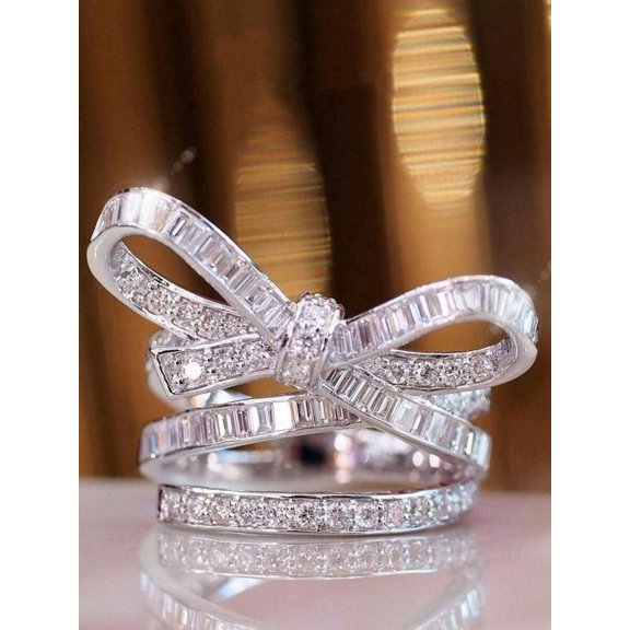 Cubic Zirconia Bow Decor Ring In Silvertone – Color Variant 6