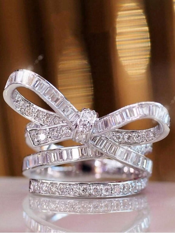 Cubic Zirconia Bow Decor Ring In Silvertone Color Variant 6