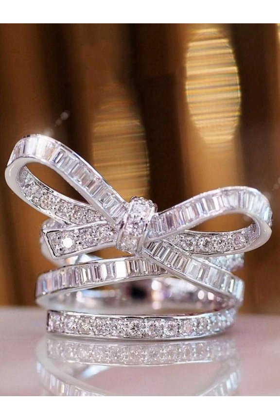 Cubic Zirconia Bow Decor Ring In Silvertone – Color Variant 6