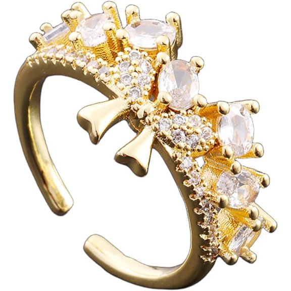 Cubic Zirconia Bow Open Rings for Women 14 Gold-Toned Clear CZ Bowknot Stackable Wrap Finger Ring Adjustable Comfort Fit Engagement Wedding Jewelry