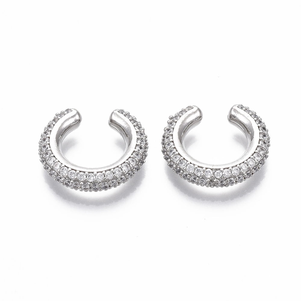 Cubic Zirconia Brass Micro Pave Clear Cubic Zirconia Cuff Earrings Nickel Free Ring Real Platinum Plated 4x10.5mm
