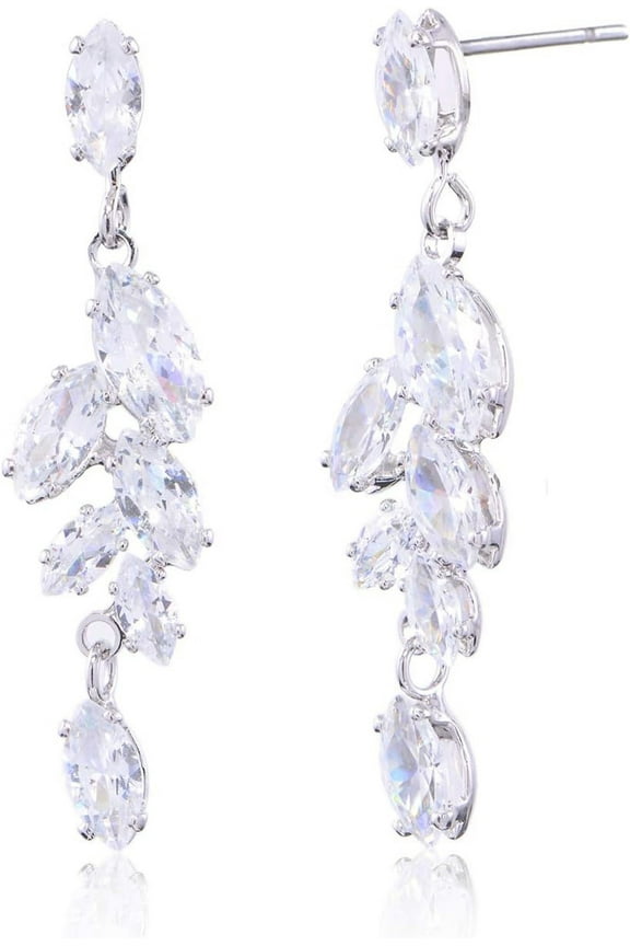 Cubic Zirconia Bridal Earrings - Sterling Silver Marquise Crystal Zircon Rhinestone CZ Cluster Floral Leaf Dangle Drop Earrings for Women Wedding Party Prom Bride Bridesmaids Jewelry