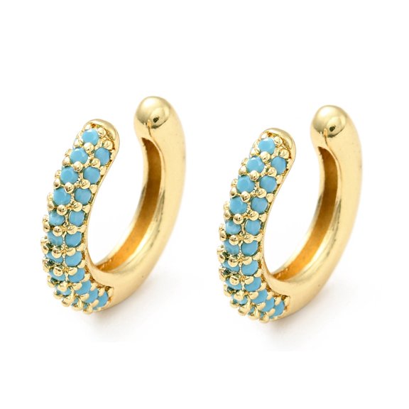 Cubic Zirconia C-Shaped Cuff Earrings golden Plated Brass Jewelry for Ears Cadmium Free & Lead Free Light Sky Blue 14x15x3mm
