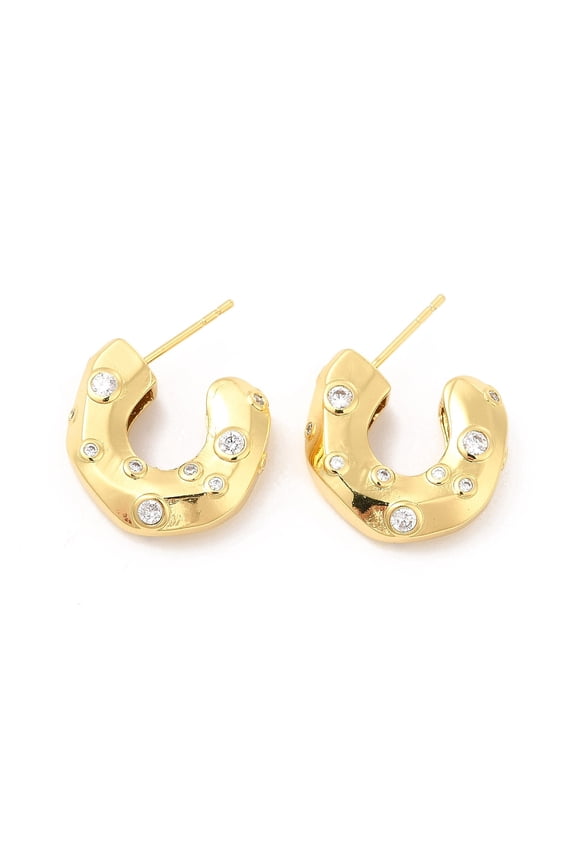 Cubic Zirconia C-shap Stud Earrings Real 18K golden Plated Half Hoop Earrings for Women Cadmium Free & Lead Free Clear 20x6mm Pin: 0.9mm