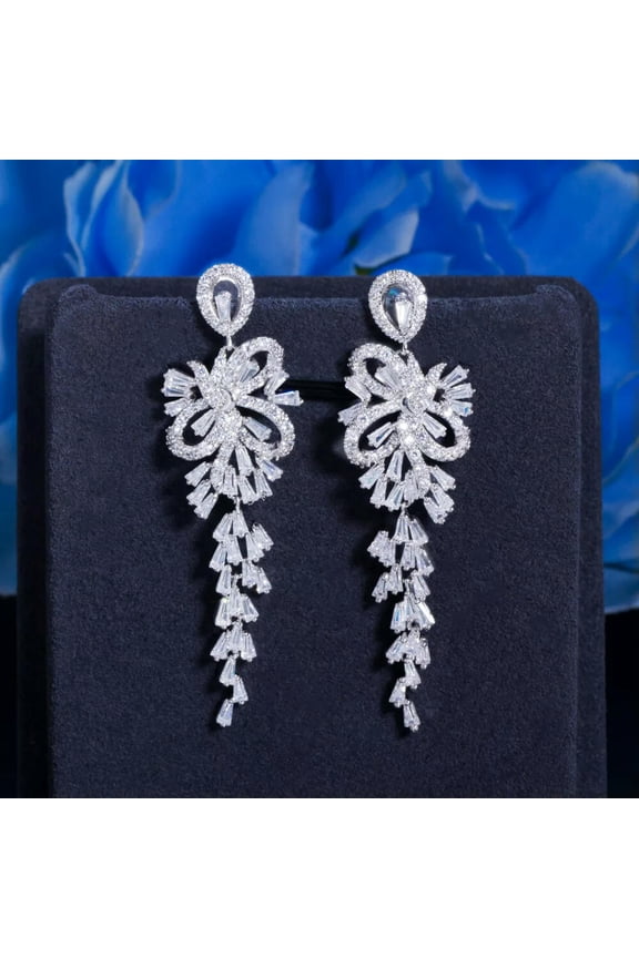 Cubic Zirconia CZ Crystal Cluster Long Dangle Tassel Drop Women Earrings Jewelry