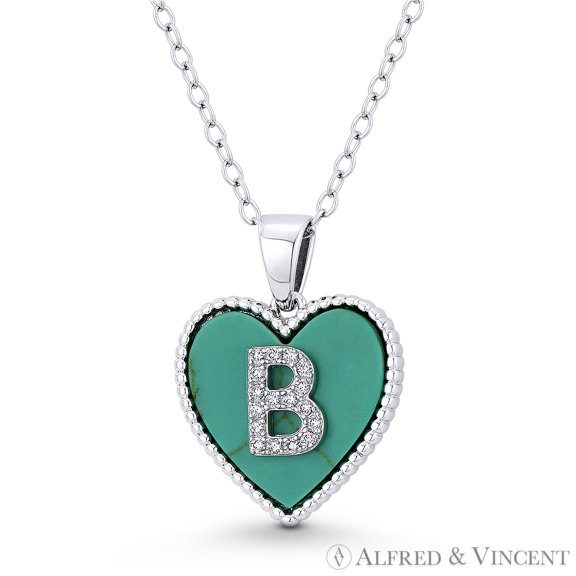 Cubic Zirconia CZ Crystal Initial Letter "B" on Faux Turquoise Heart Charm 20x15mm Pendant in .925 Sterling Silver