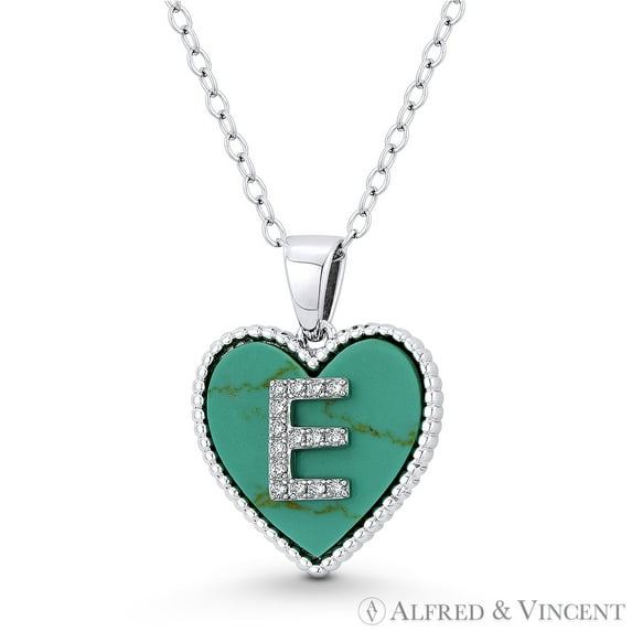 Cubic Zirconia CZ Crystal Initial Letter "E" on Faux Turquoise Heart Charm 20x15mm Pendant in .925 Sterling Silver