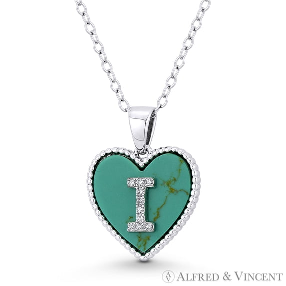 Cubic Zirconia CZ Crystal Initial Letter "I" on Faux Turquoise Heart Charm 20x15mm Pendant in .925 Sterling Silver