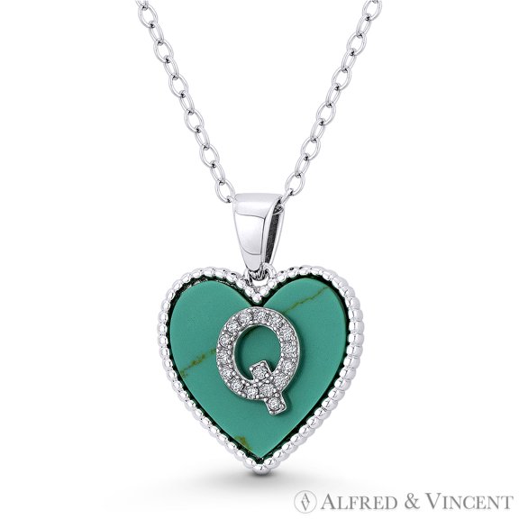 Cubic Zirconia CZ Crystal Initial Letter "Q" on Faux Turquoise Heart Charm 20x15mm Pendant in .925 Sterling Silver