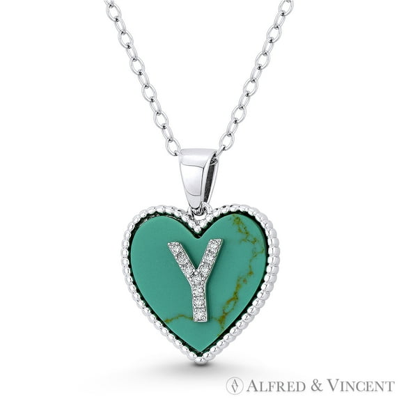 Cubic Zirconia CZ Crystal Initial Letter "Y" on Faux Turquoise Heart Charm 20x15mm Pendant in .925 Sterling Silver