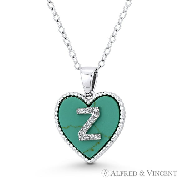 Cubic Zirconia CZ Crystal Initial Letter "Z" on Faux Turquoise Heart Charm 20x15mm Pendant in .925 Sterling Silver